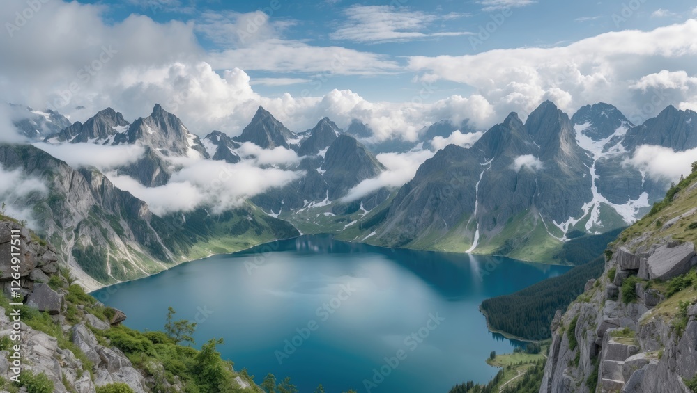 Poster scenic view of a tranquil lake surrounded by rugged mountains and clouds under a blue sky with refle