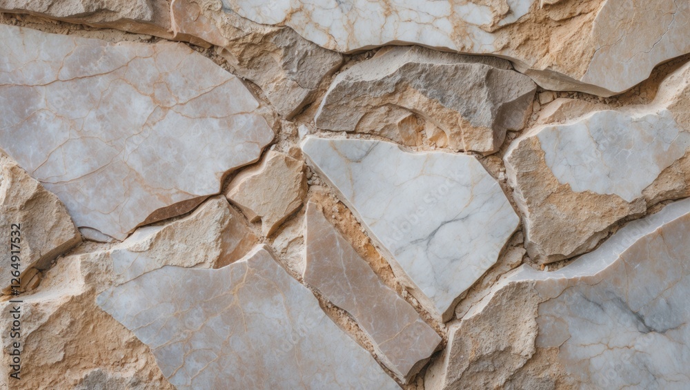 Poster textured background of irregularly shaped natural stone tiles with beige and white colors suitable f