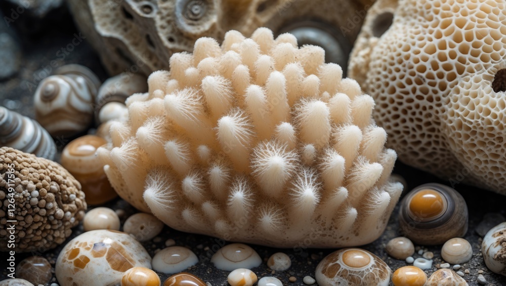 Poster Coral and Seashells Arrangement on Sandy Surface with Natural Textures and Patterns Copy Space