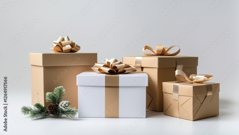 Aufkleber assorted gift boxes with decorative bows on a light background with evergreen branches and pinecones Copy Space