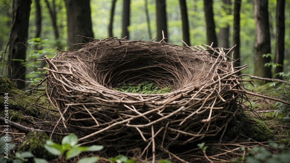 Aufkleber Large empty bird nest made of twigs and branches surrounded by green foliage in a forest setting with soft natural light