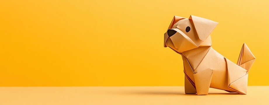 Cute origami dog figure on vibrant yellow background, perfect for kids, pets, and creativity themes