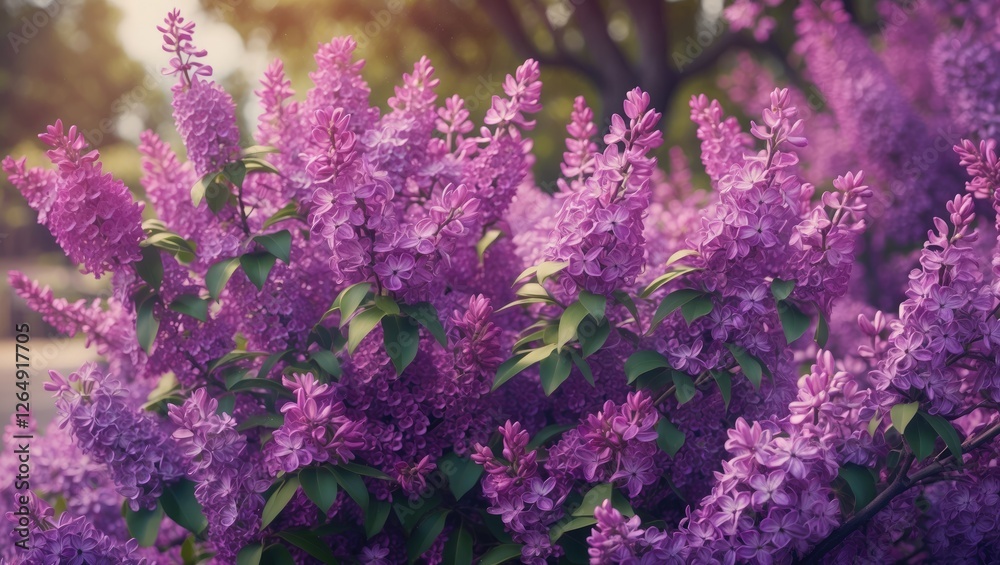 Poster purple lilac flowers in bloom with lush greenery in the background soft sunlight creating a warm atm