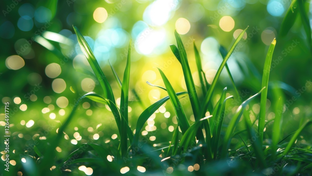 Poster green grass blades in natural sunlight with bokeh effect and out of focus background copy space