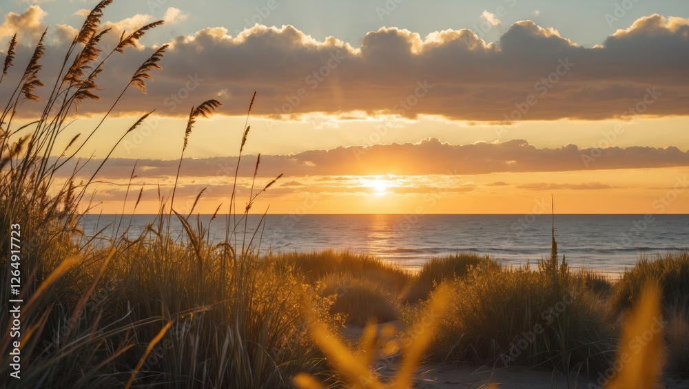 Aufkleber Sunset over ocean with grass in foreground and clouds in sky highlighting evening colors with soft lighting and Copy Space