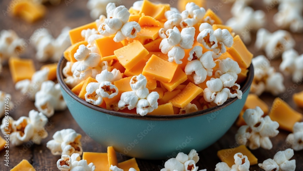 Poster bowl filled with popcorn and yellow cheese cubes on wooden surface with scattered cheese and popcorn