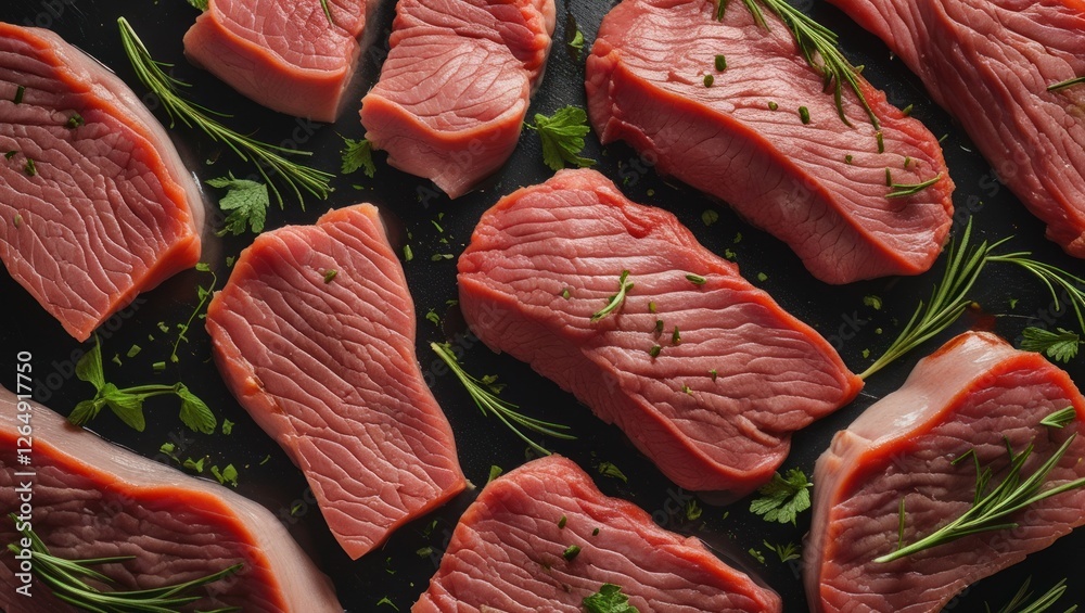 Poster raw sliced pork meat with herbs on black background displaying marbled texture and fresh garnishing 