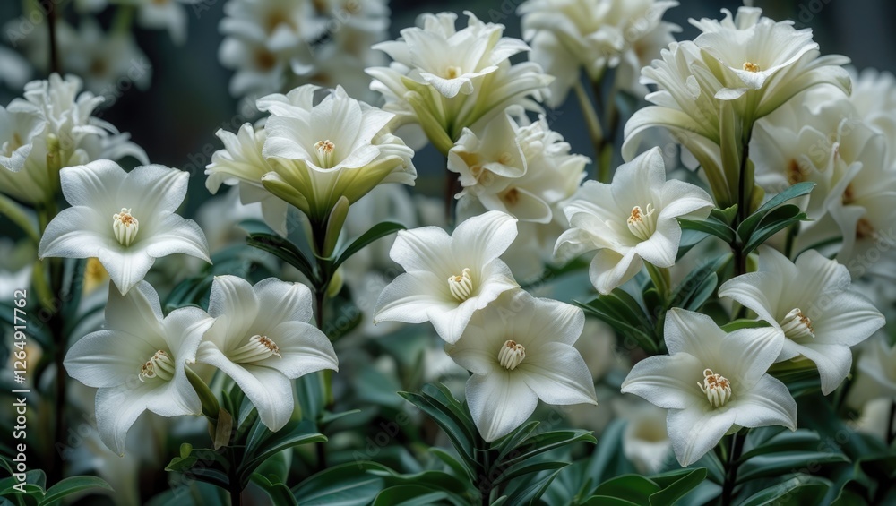 Aufkleber White lilies arranged in a garden setting with green foliage providing a natural backdrop and ample Copy Space for text placement.