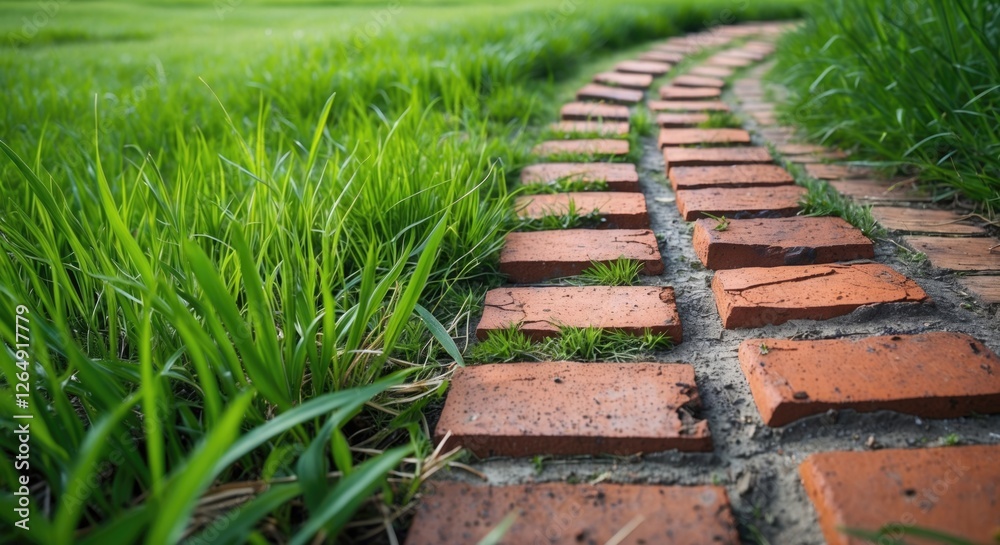 Poster curved pathway made of red brick tiles surrounded by lush green grass in a natural outdoor setting w
