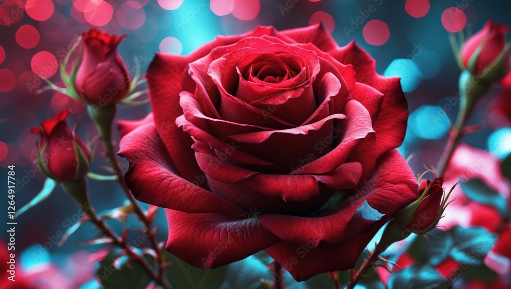 Aufkleber vibrant close-up of a large red rose with lush petals and surrounding rose buds against a colorful b