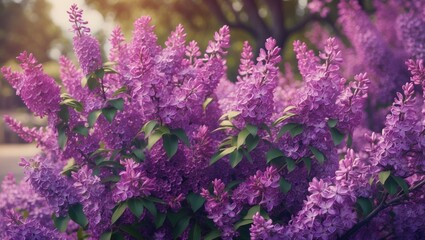 Purple lilac flowers in bloom with lush greenery in the background soft sunlight creating a warm atmosphere Copy Space