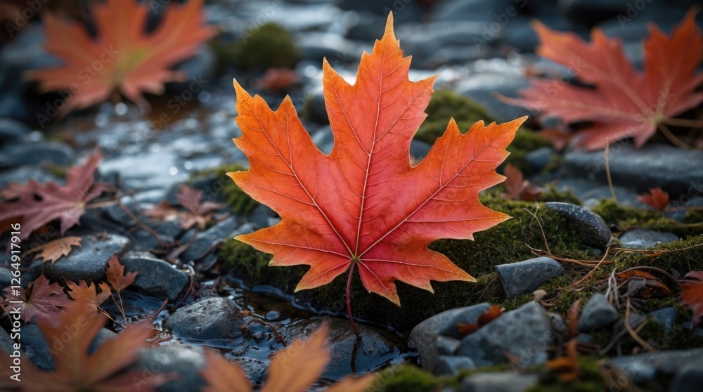 Poster lonely vibrant red maple leaf on wet stones amidst fallen leaves in autumn setting with soft natural