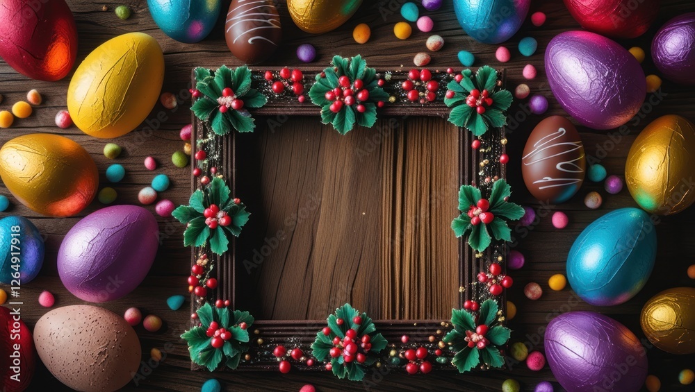 Poster easter themed decorative frame surrounded by colorful chocolate eggs and candies on wooden backgroun
