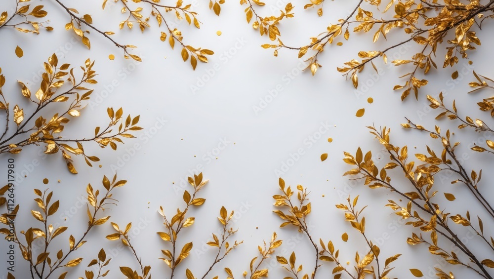 Poster Golden foliage branches with scattered leaves on a light background creating a decorative frame Copy Space