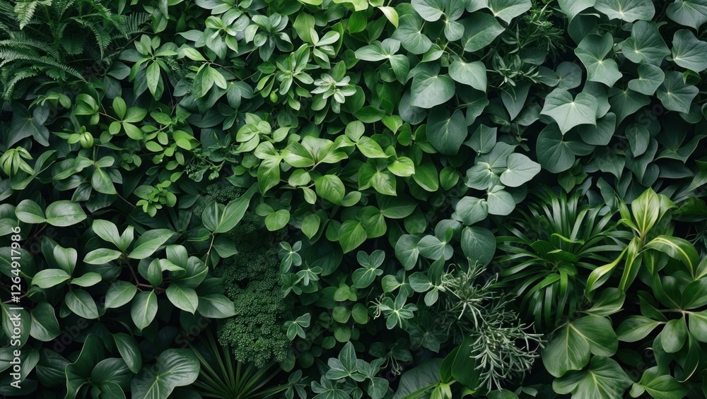 Poster Close-up view of diverse green leaves and plants creating a lush texture background ideal for natural aesthetics and design with Copy Space.