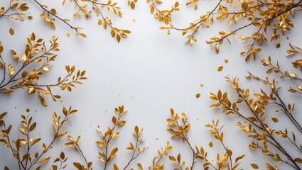Golden foliage branches with scattered leaves on a light background creating a decorative frame Copy Space