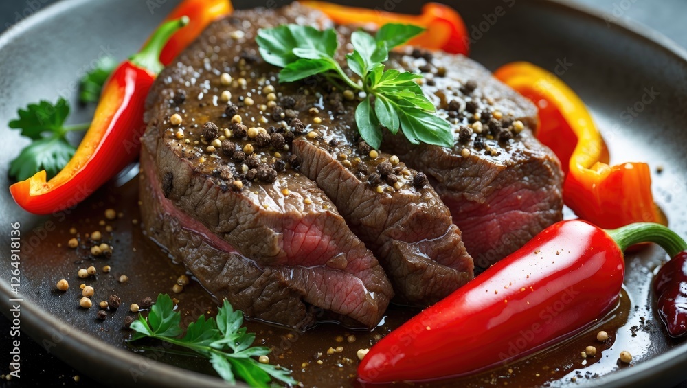 Poster sliced roast beef garnished with fresh herbs and colorful bell peppers on a dark plate with sauce an