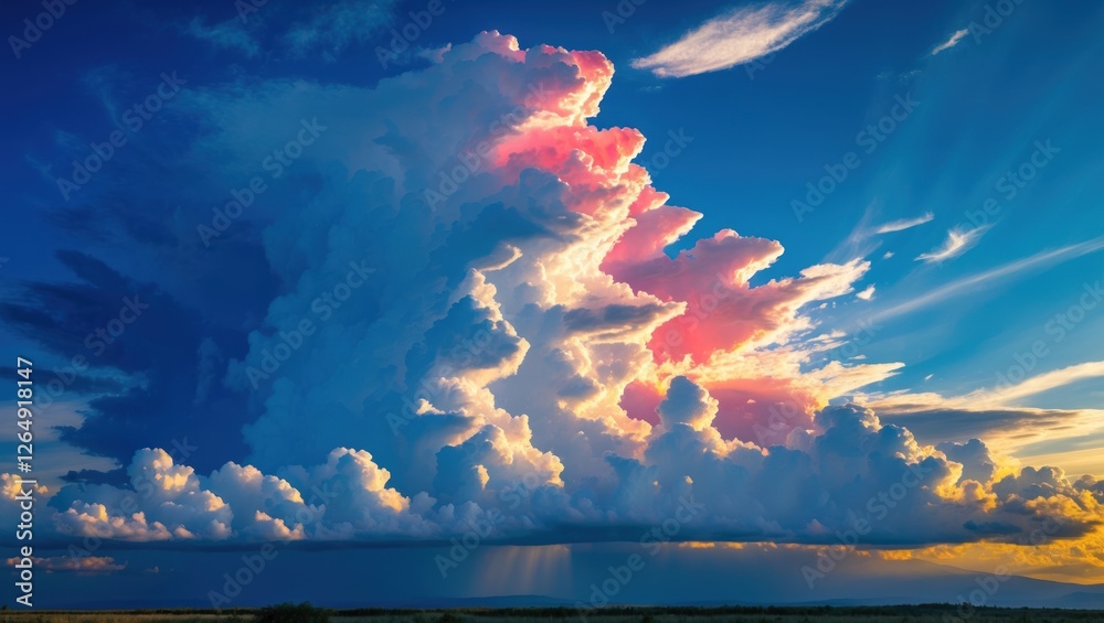 Aufkleber Dramatic colorful clouds at sunset with blue sky and rays of light in the background wide view with Copy Space