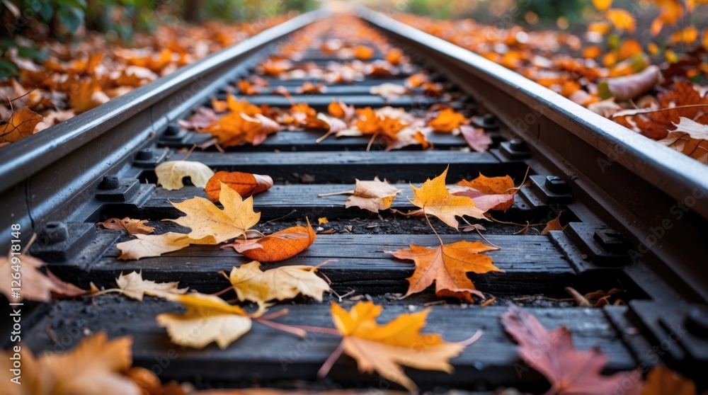 Poster colorful autumn leaves scattered on old railway tracks with natural background blurred and perspecti