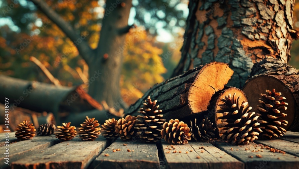 Aufkleber Pinecones on wooden planks with tree bark in the background during golden hour in an autumn forest setting Copy Space