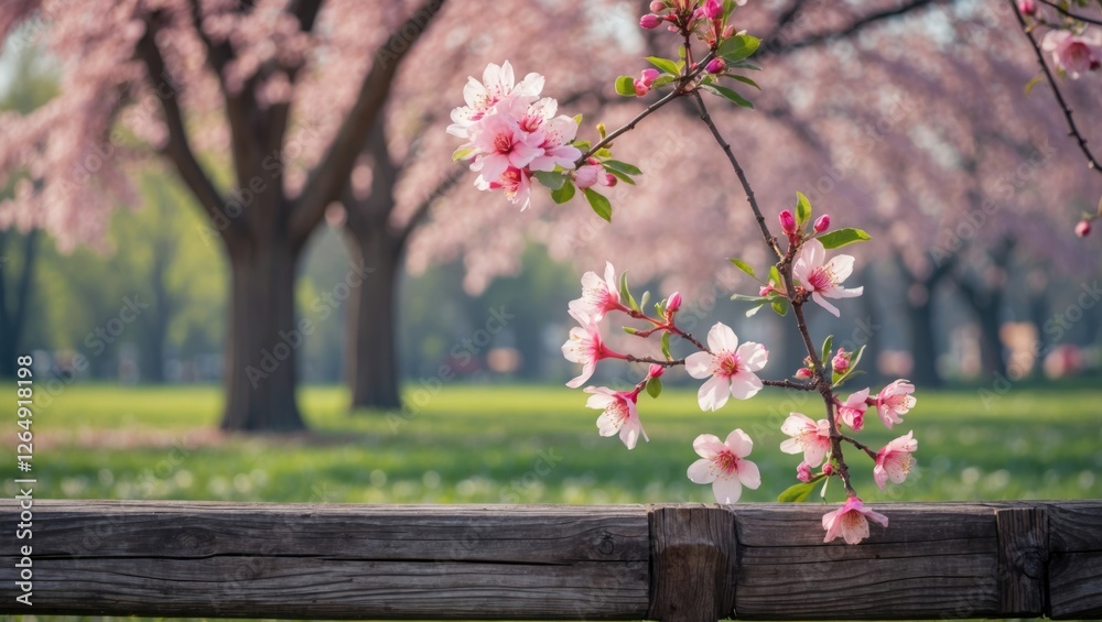 Poster cherry blossom branch in foreground with blurred pink trees and green grass background during spring
