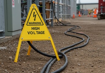 High Voltage Warning Sign with Cables at Construction Site Safety