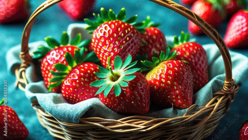 Aufkleber fresh ripe strawberries in a woven basket on a textured blue background with greenery and additional