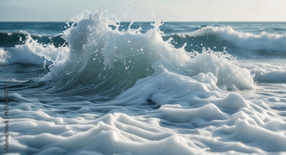 Poster ocean waves crashing on sandy beach with foam created by turbulent water on bright sunny day copy sp