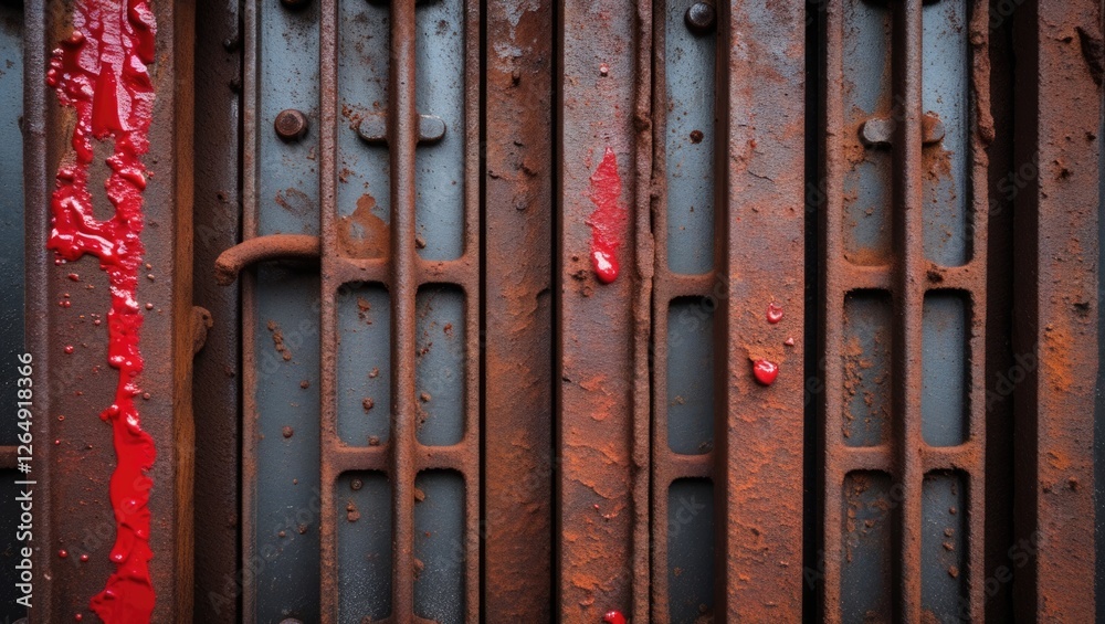 Poster Rusty metal surface with red paint drips and textured patterns suitable for industrial backgrounds and design projects Copy Space