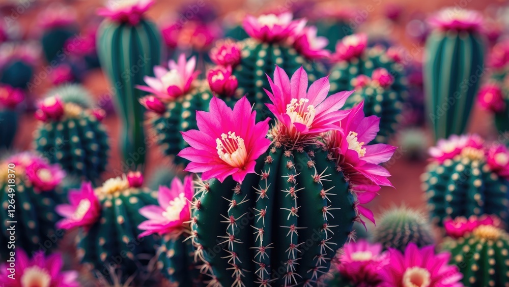 Poster vibrant pink flowering cacti in a desert landscape with blurred background and copy space for text p