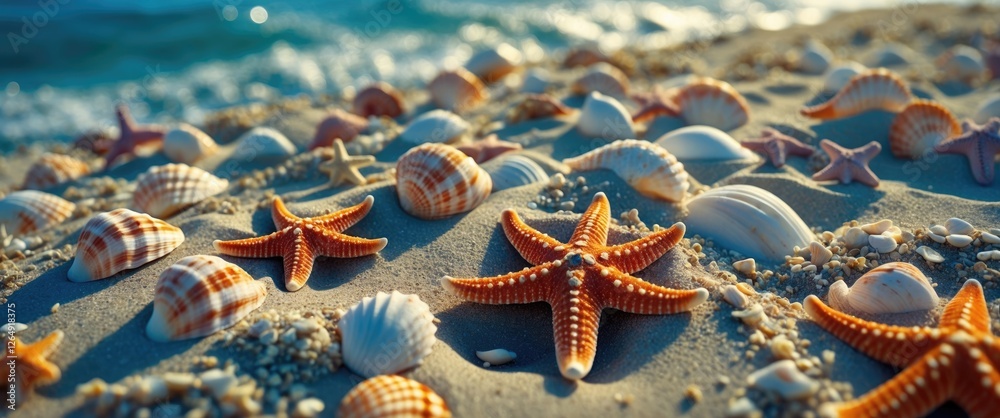 Aufkleber scattered seashells and starfish on sandy beach shore with gentle waves in background copy space