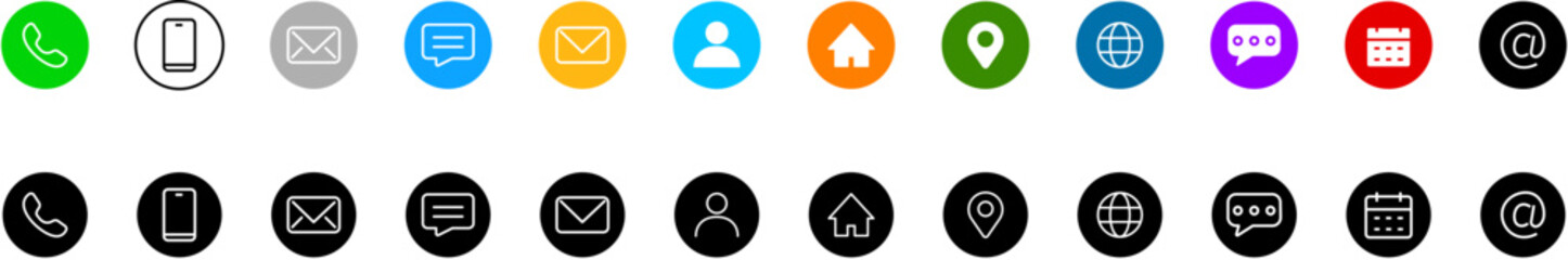 Contact us set of colored icons in circle. Business card containing user, phone, website, location, address, telephone, mail, fax, symbol sign for apps and website, contact for communication, Vector i