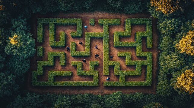 Aerial view People navigating a hedge maze in a forest