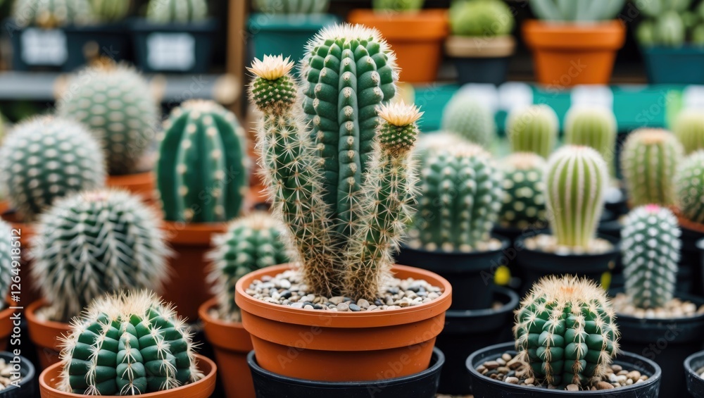 Poster Potted cacti assortment in a garden center with various shapes and sizes in colorful pots with pebbles on top and blurred background