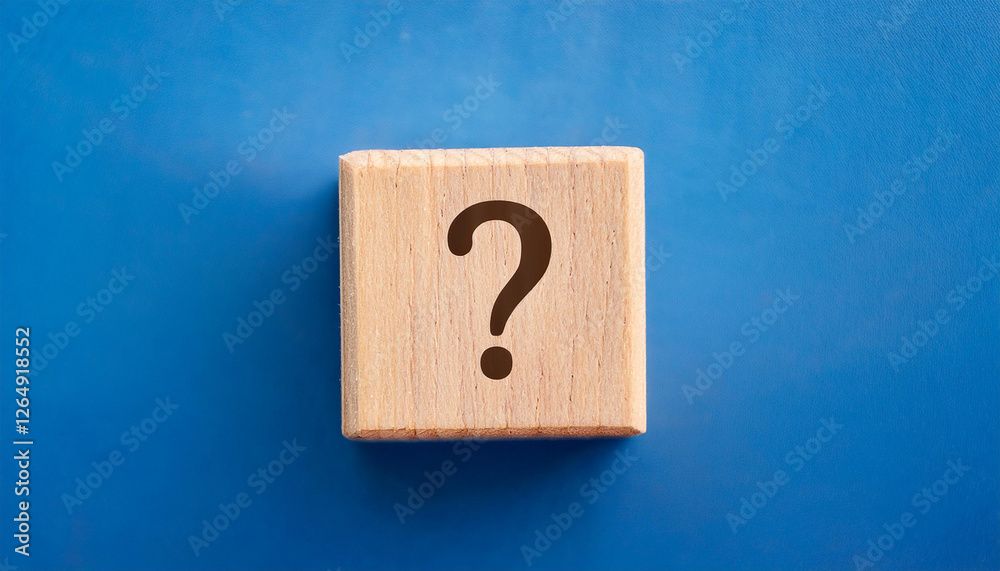 Poster wooden cube with question mark against blue background. faq and qa. problem solution.