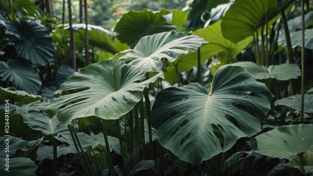 Poster tropical foliage with large green leaves in a dense forest setting showcasing various plant textures