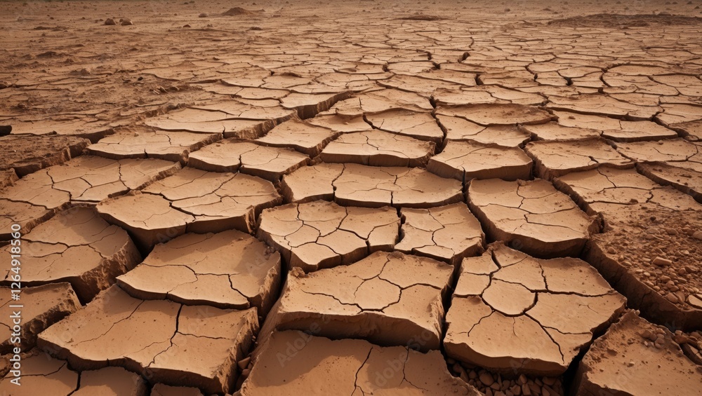 Poster Dry cracked earth surface background in a desert landscape with patterns and textures showing severe drought conditions. Copy Space