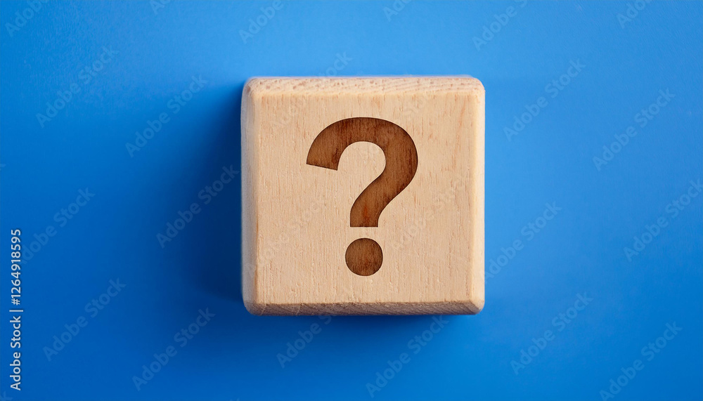 Poster wooden cube with question mark against blue background. faq and qa. problem solution.