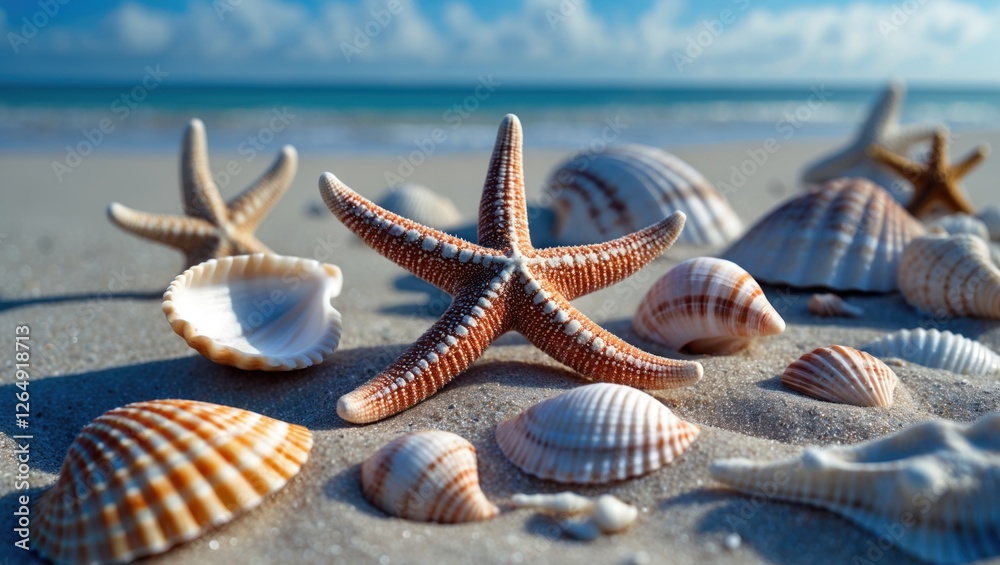 Poster close-up view of colorful seashells and starfish on sandy beach under bright sunlight with ocean in 