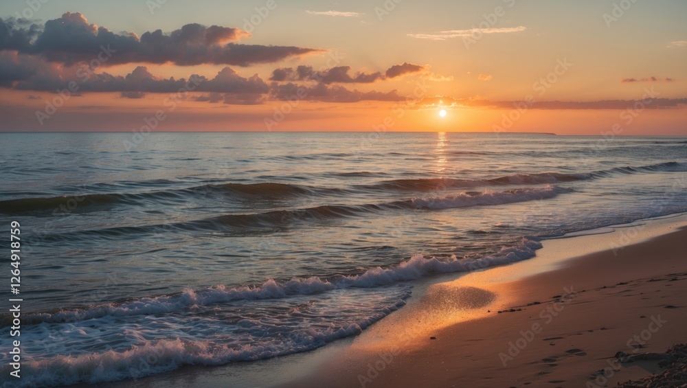 Poster Sunset over tranquil ocean waves with sandy beach in foreground and cloudy sky in background featuring soft golden light Copy Space