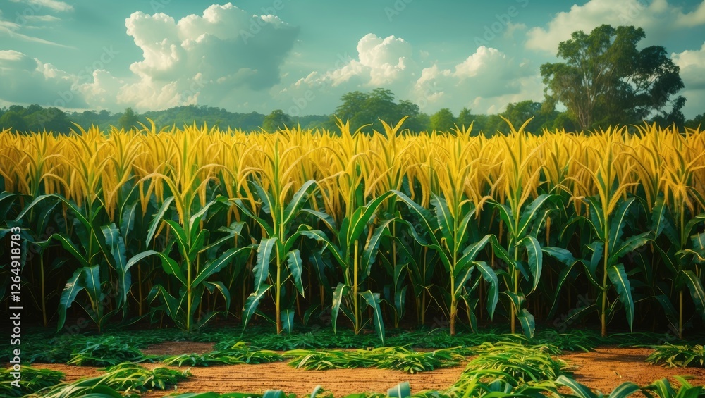 Aufkleber vibrant cornfield with tall yellow corn plants under a blue sky with fluffy white clouds and a tree 