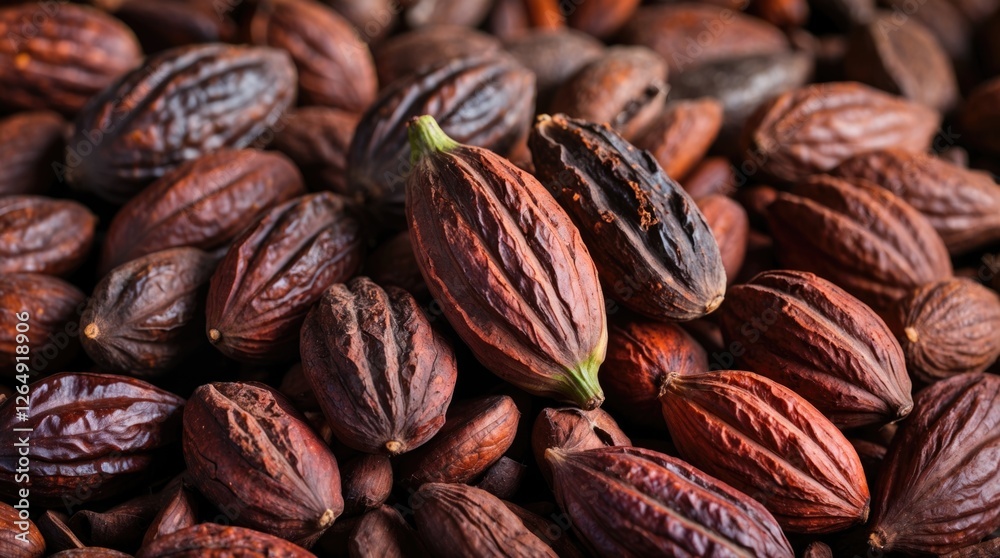 Poster close-up of various cacao beans and pods arranged together with rich textures and colors on a wooden