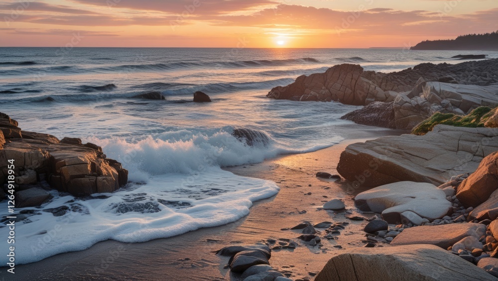Poster sunset over rocky beach with ocean waves crashing on shore and smooth stones in foreground copy spac