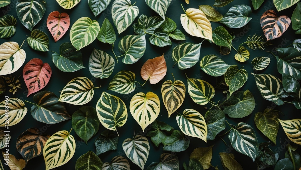 Aufkleber Diverse assortment of tropical leaves with various patterns and colors arranged on dark background Copy Space