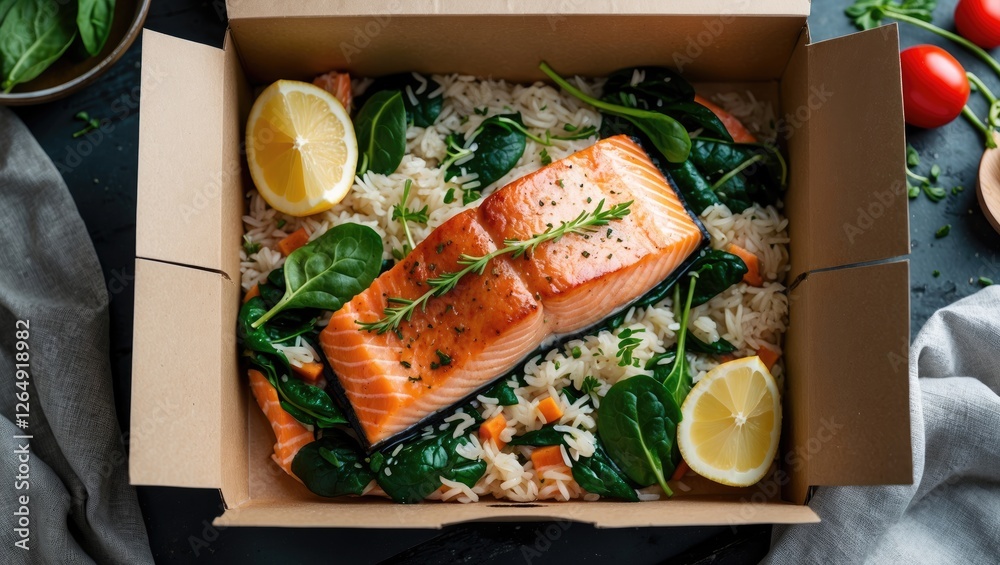 Poster Grilled salmon fillet served with rice and spinach in a takeout box garnished with lemon slices and herbs with Copy Space