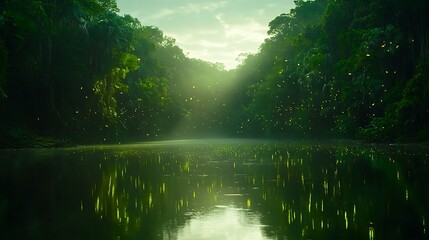 Enchanted River: Fireflies Dancing on Water at Dusk