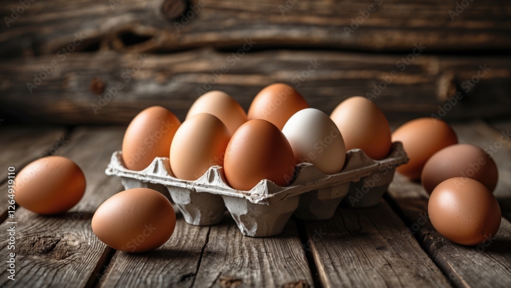 Poster fresh farm eggs in an egg carton on rustic wooden background with natural lighting and shadows copy 