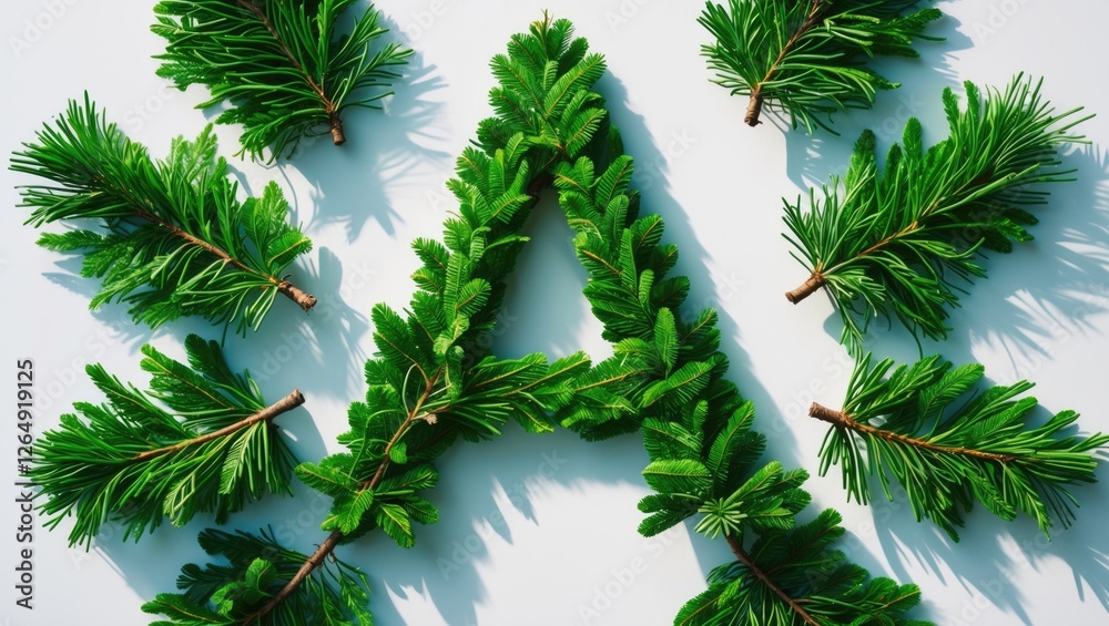 Aufkleber Green fir branches arranged in the shape of the letter A on white background with shadows and copy space.