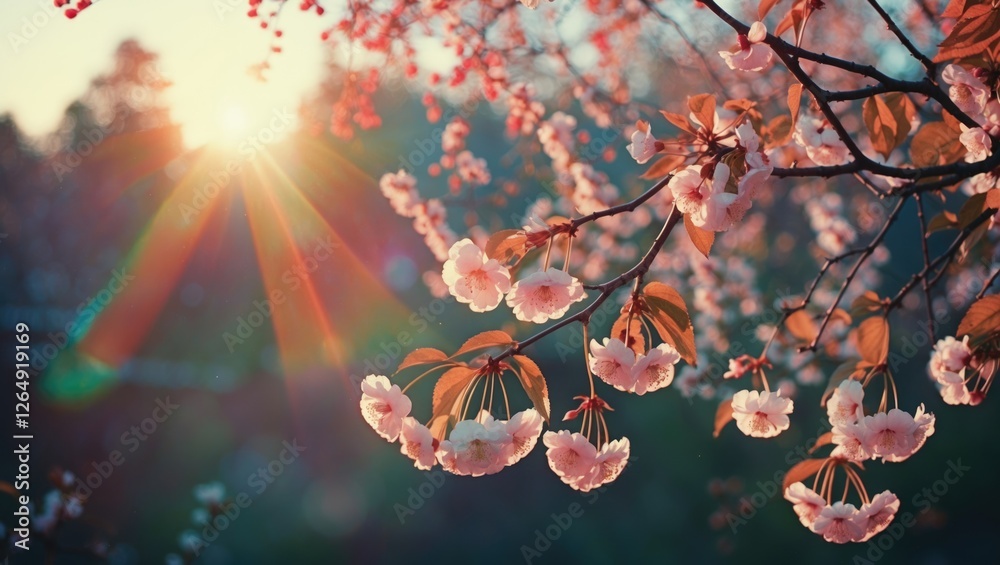 Poster cherry blossom tree branch with pink flowers illuminated by sunlight during sunset with rays of ligh