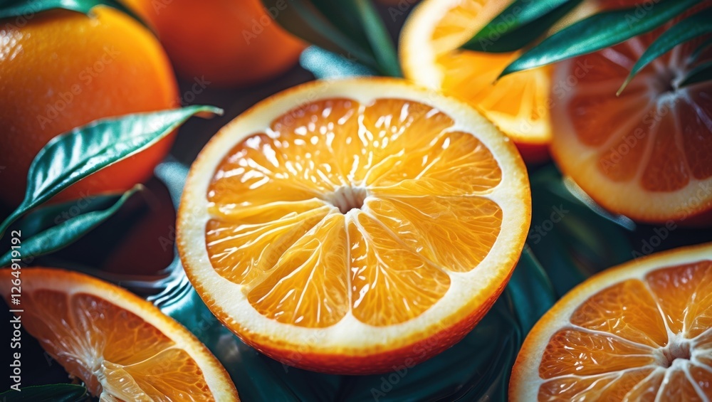 Poster freshly sliced oranges with vibrant color and green leaves on a dark background showcasing the juicy